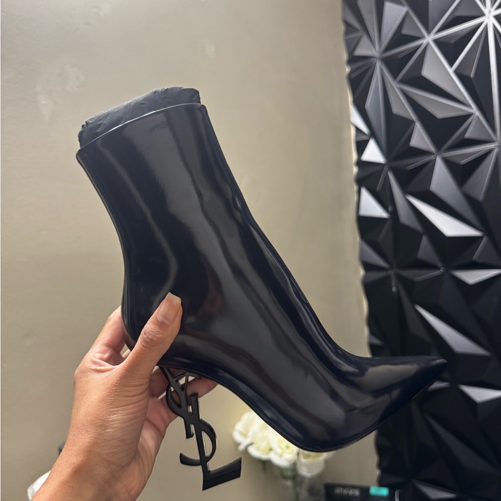 Yves Saint Laurent Black Patent Pointed Ankle Boots with Logo Heel